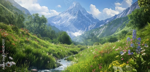 A serene view of a mountain peak surrounded by lush  green meadows and wildflowers  with a gentle stream flowing through the valley 32k  full ultra hd  high resolution