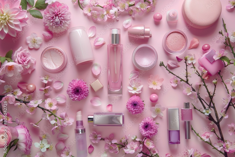 Top view of cosmetics with fresh blossoms on a pastel pink surface Top view of cosmetics with fresh blossoms on a pastel pink surface