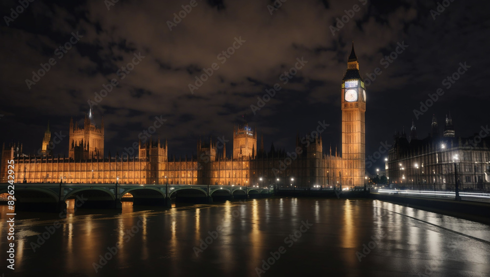 Obraz premium The image is of the Houses of Parliament in London, England. It is night time and the buildings are lit up. There is a bridge in front of the buildings and a river in front of the bridge.