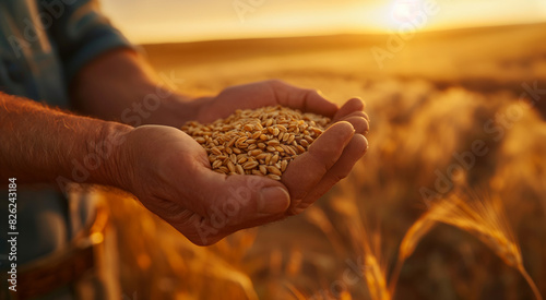 wheat grains in a farmer hands  photo