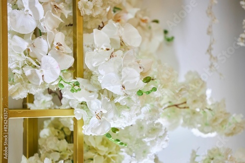 Decor for a wedding or engagement party. Close-up of floristry, flowers and decorative elements.