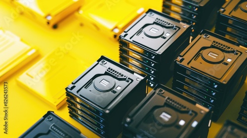 Plakat Network attached storage with multiple hard drives on a yellow backdrop
