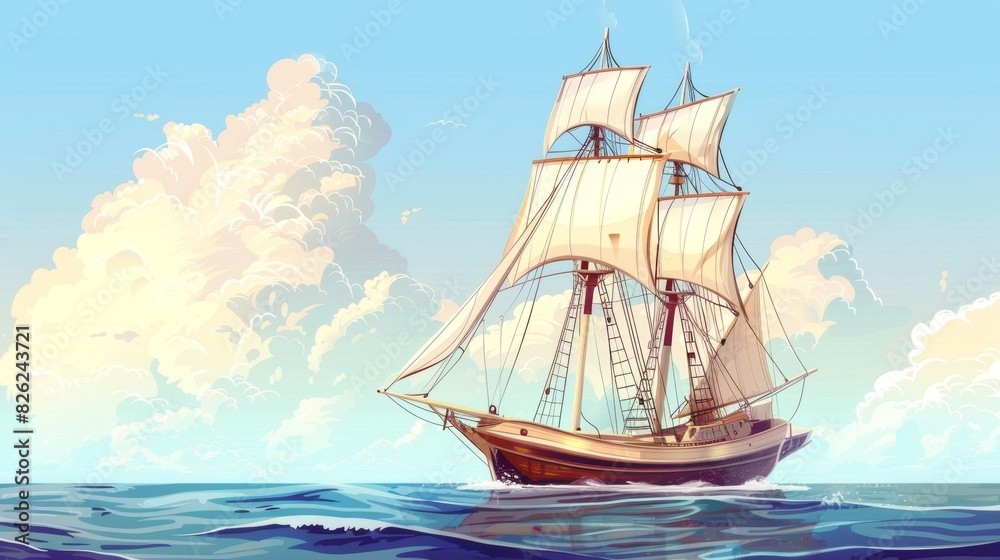 Sailing ship in sea water. Painting.