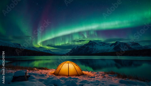 A glowing tent by a calm tranquil lake with the beautiful northern lights dancing in the sky © The A.I Studio