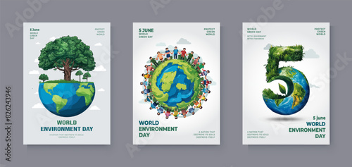 Celebrating World Environment Day poster design ideas. illustration of people protecting the world, a green world combined with the letter 5, and a tree on the world protecting the environment vector.