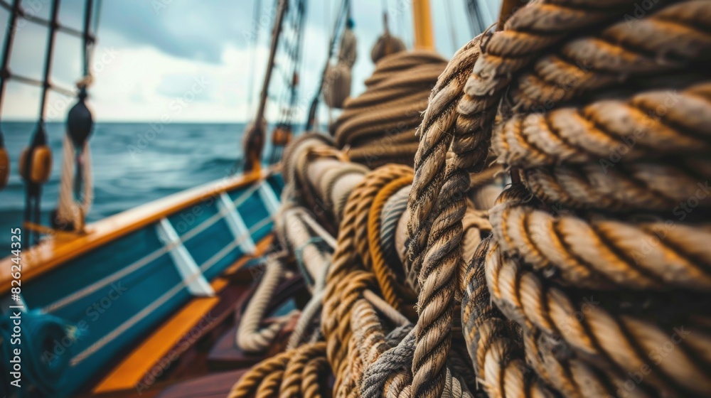 Obraz premium Rope roll on deck of a sailing ship in sea.