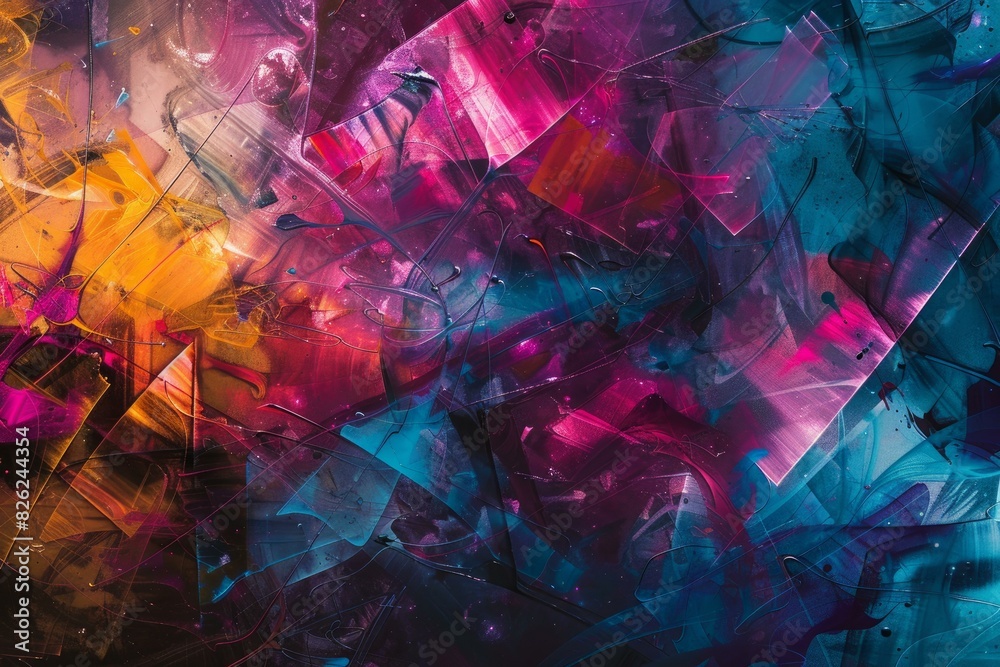 Vibrant and dynamic abstract art explosion with colorful and bold acrylic painting on canvas. Showcasing a modern and creative design with a mix of swirls. Fluid energy. And chaotic composition