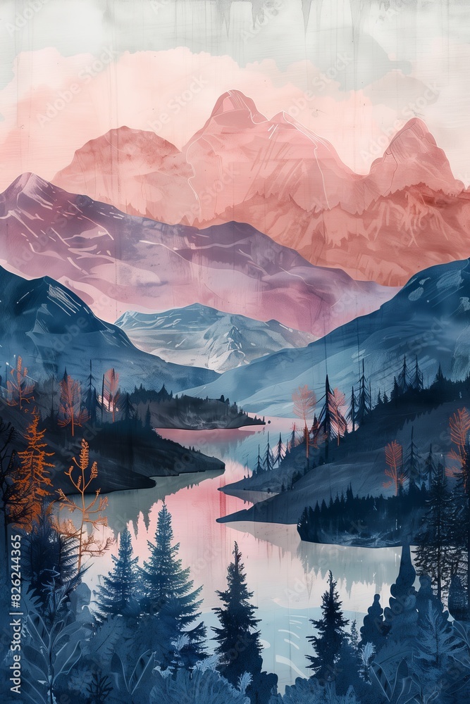 Fototapeta A minimalist boho style painting featuring towering mountains overlooking a serene lake. The artwork captures the beauty of nature with its striking depiction of these natural elements