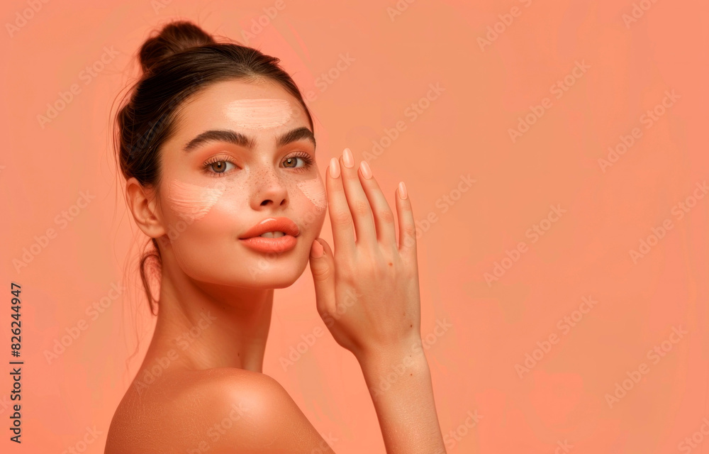 Young Woman Applying Skincare Products Against Soft Peach Background During Daytime Young Woman Applying Skincare Products Against Soft Peach Background During Daytime