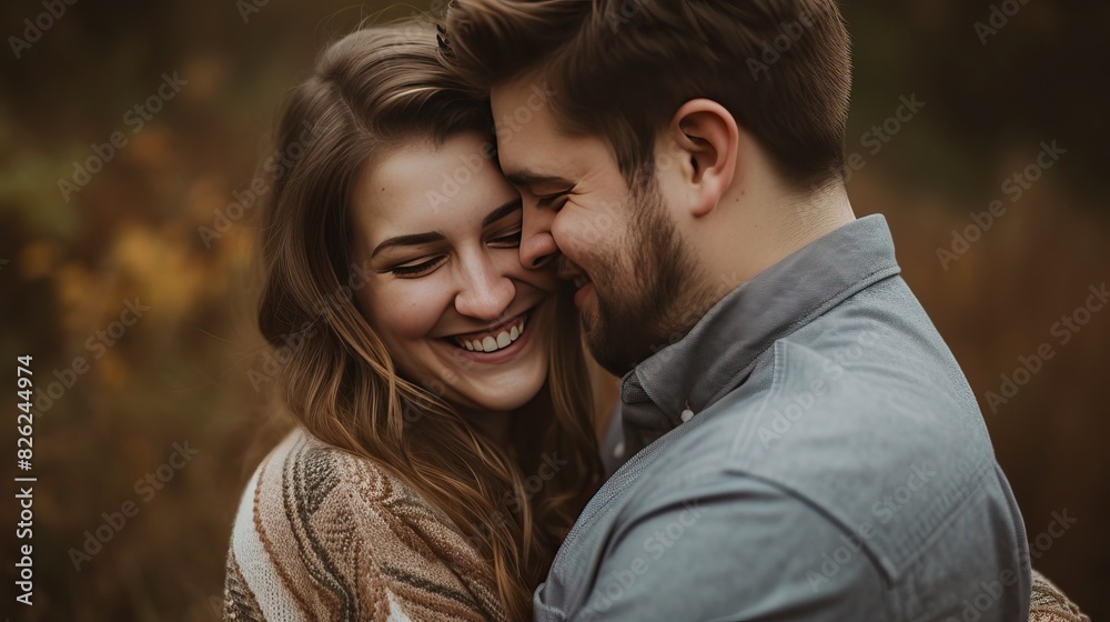 A joyful couple embracing and smiling in an autumn forest, exuding warmth and happiness.