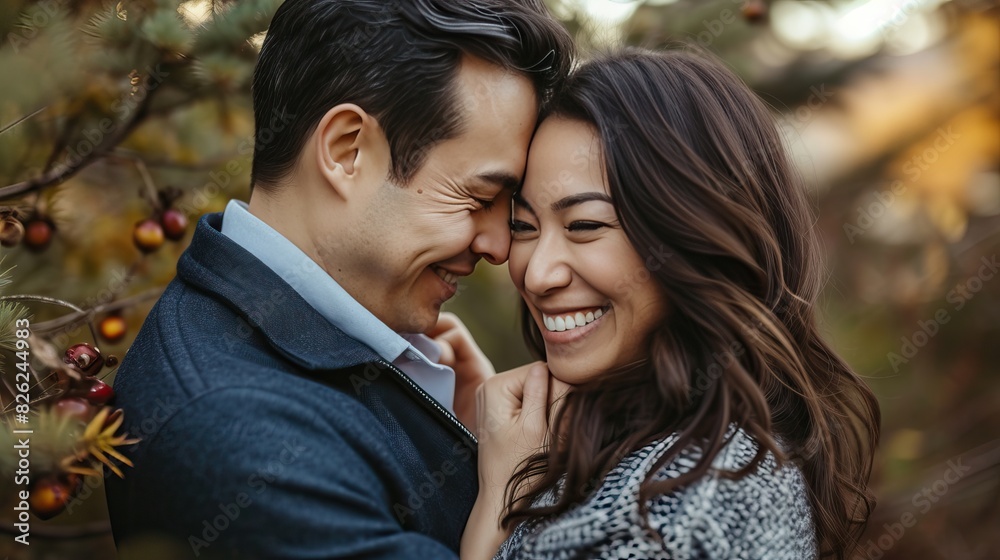 A joyful couple embracing in an autumn setting, surrounded by pine trees and berries. A joyful couple embracing in an autumn setting, surrounded by pine trees and berries.