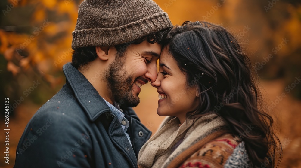 Obraz premium A loving couple in a close embrace, touching noses in an autumn forest setting with vibrant fall colors.