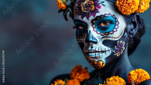 Vibrant Day of the Dead Celebration Makeup with Marigolds photo