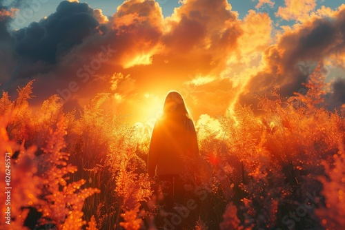 A solitary figure is silhouetted against a fiery orange sunset amidst tall wildflowers, highlighting a sense of adventure