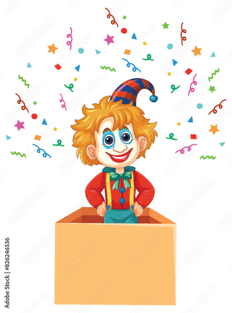 Fototapeta premium Cheerful clown popping out of a box