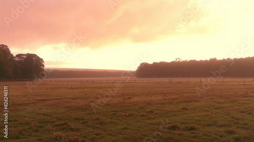  A vast open field surrounded by tall trees in the background, featuring a stunning pink sky and distant fluffy clouds