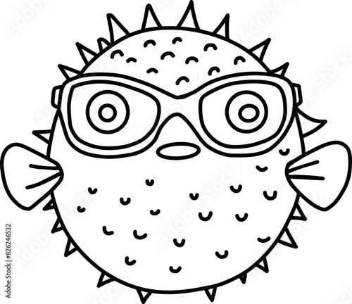 Hand drawn puffer fish wearing glasses. Outline
