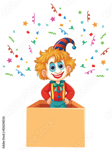 Cheerful clown popping out of a box