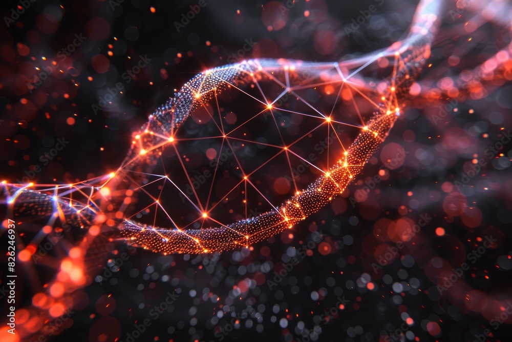 Electric blue and red DNA helix in a sparkling interplay, illustrating the dynamic interaction of genes Electric blue and red DNA helix in a sparkling interplay, illustrating the dynamic interaction of genes