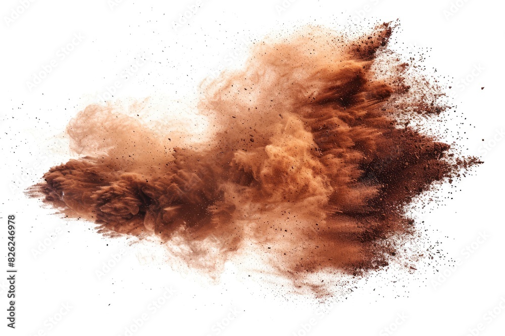 A large cloud of dust is blowing in the wind. The dust is brown and is covering the ground A large cloud of dust is blowing in the wind. The dust is brown and is covering the ground