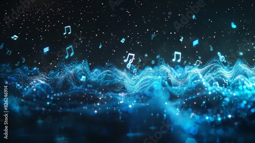 Blue digital sound waves create a mesmerizing display of music and technology in a dynamic night sky. Generative AI