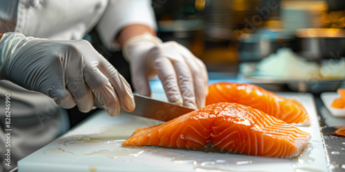A chef is cutting a piece of salmon on a cutting board photo