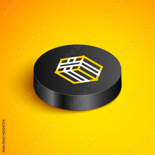 Isometric line Bale of hay icon isolated on yellow background. Black circle button. Vector