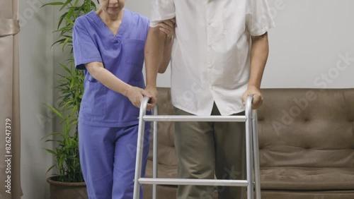 Caregiver takecare older man that having Sarcopenia or muscle loss. Sarcopenia is a degenerative disease of the muscle usually caused by the natural consequence of aging.
