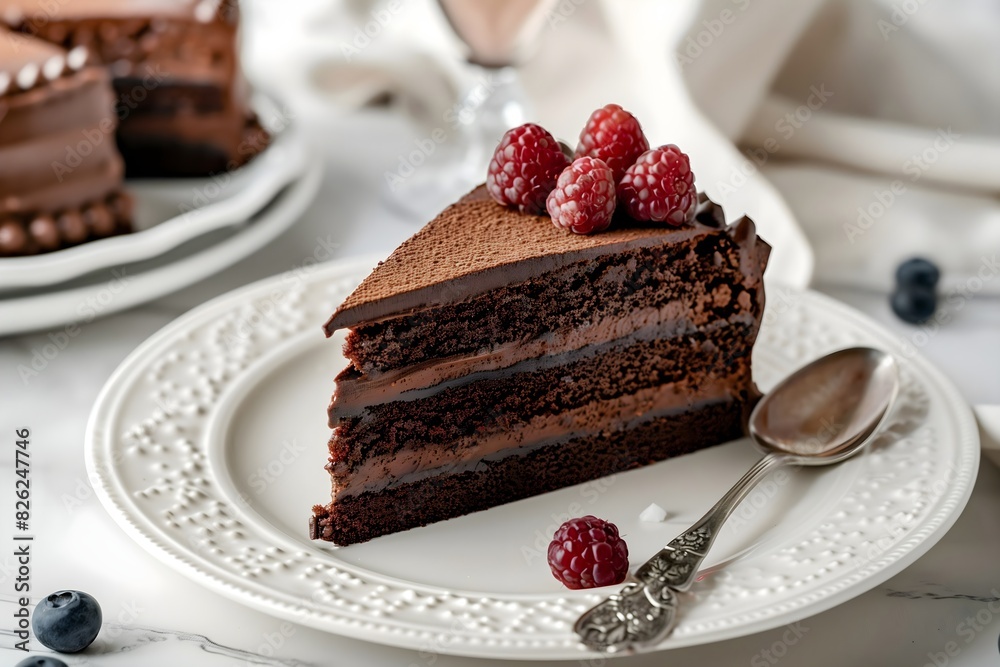 A slice of chocolate cake with raspberries, on a white plate with a vintage silver spoon. Food photography. A slice of chocolate cake with raspberries, on a white plate with a vintage silver spoon. Food photography.