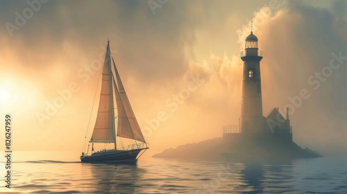 A vintage sailing ship with a lighthouse in sea at sunset