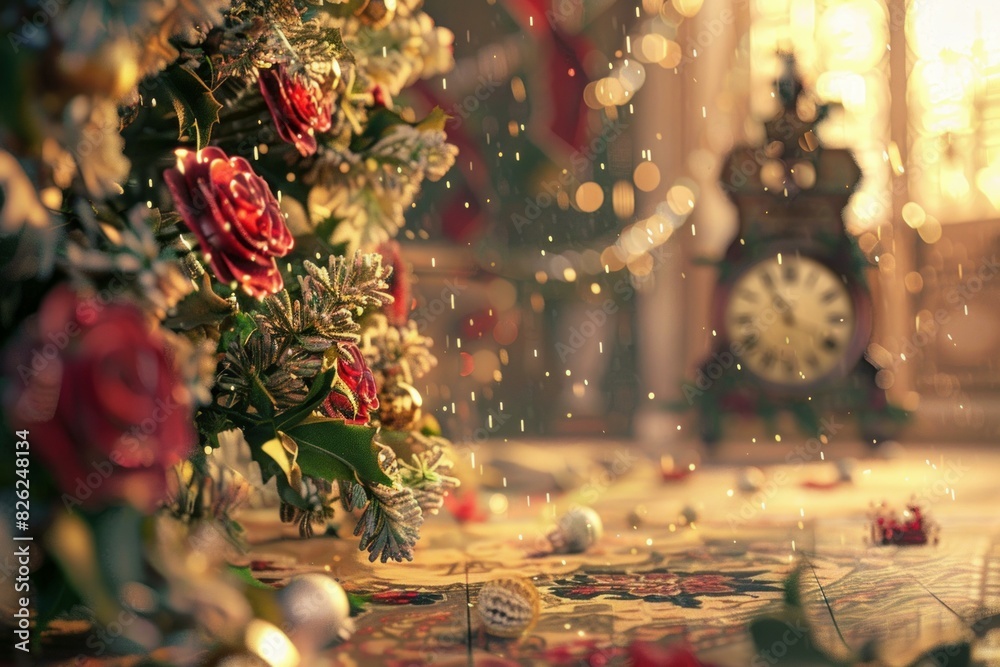 Warm christmas setting with decorated table, florals, and blurred clock in the background
