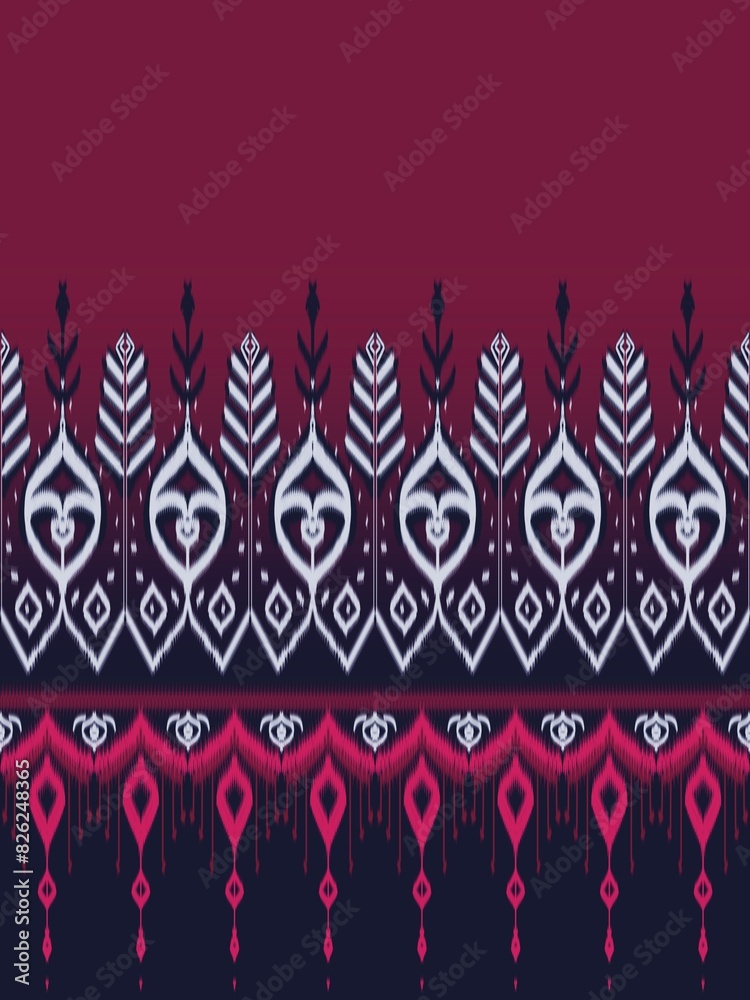 
Ikat native traditional floral paisley seamless pattern. Ethnic oriental Ikat embroidery elements on white background. Tribal vintage style abstract illustration design for texture, fabric, cloth