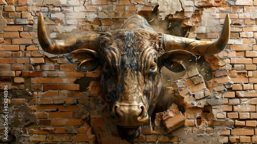 Fototapeta Naklejka Na Ścianę i Meble -  Bull Charging Through Brick Wall