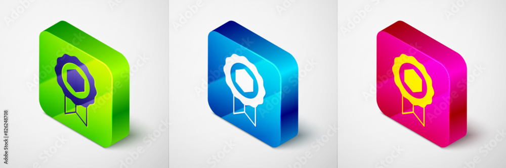 Fototapeta premium Isometric Honey award icon isolated on grey background. Honey medal. Square button. Vector