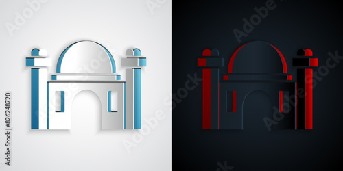 Paper cut Muslim Mosque icon isolated on grey and black background. Paper art style. Vector