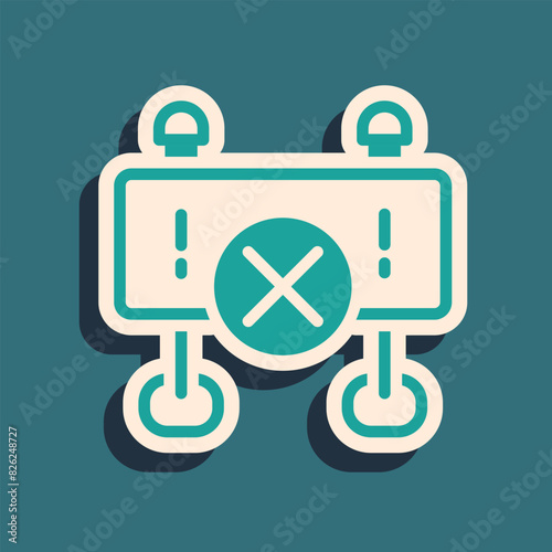 Green Road barrier icon isolated on green background. Symbol of restricted area which are in under construction processes. Repair works. Long shadow style. Vector