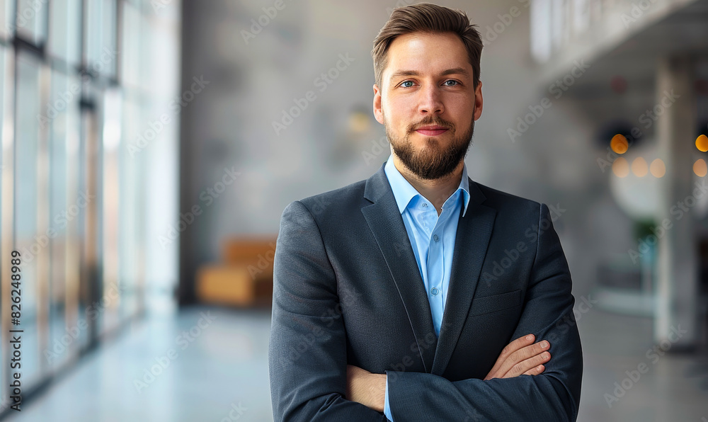 Confident Middle-Aged Businessman in Suit Posing Arms Crossed Gray Modern Office Hallway, Professional Corporate Portrait Head Shot Confident Middle-Aged Businessman in Suit Posing Arms Crossed Gray Modern Office Hallway, Professional Corporate Portrait Head Shot