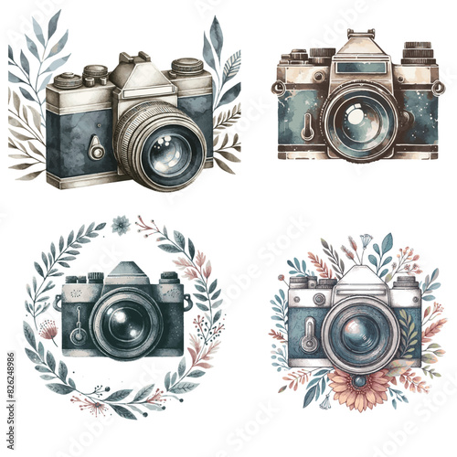 set of watercolor of   Camera Logo isolated on white background illustration 
