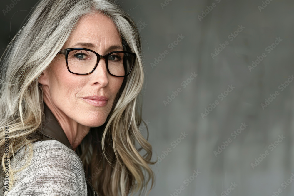 Portrait of Elegant Mature Woman with Gray Hair and Glasses Portrait of Elegant Mature Woman with Gray Hair and Glasses