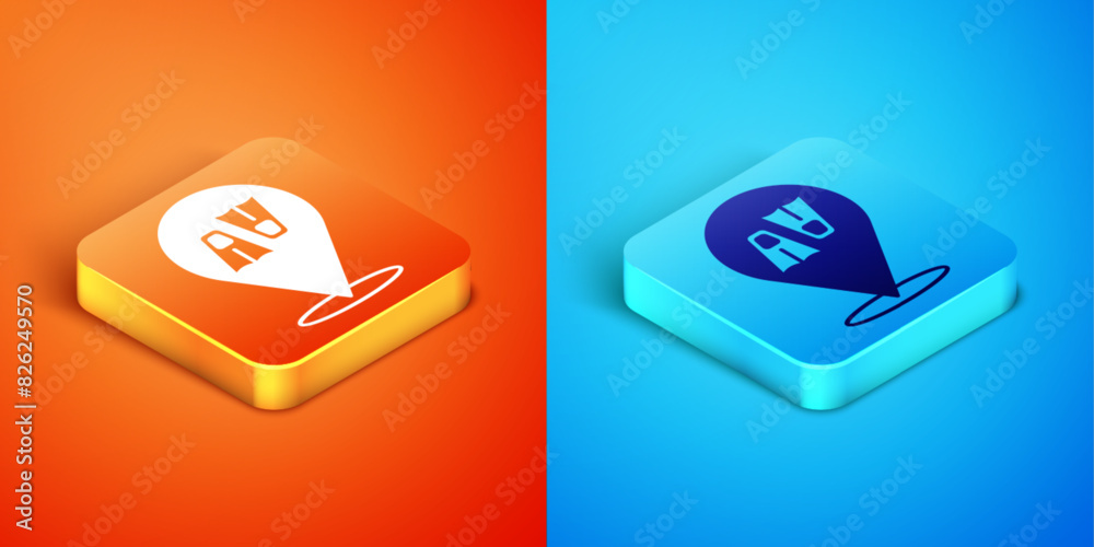 Isometric Rubber flippers for swimming icon isolated on orange and blue background. Diving equipment. Extreme sport. Diving underwater equipment. Vector Isometric Rubber flippers for swimming icon isolated on orange and blue background. Diving equipment. Extreme sport. Diving underwater equipment. Vector