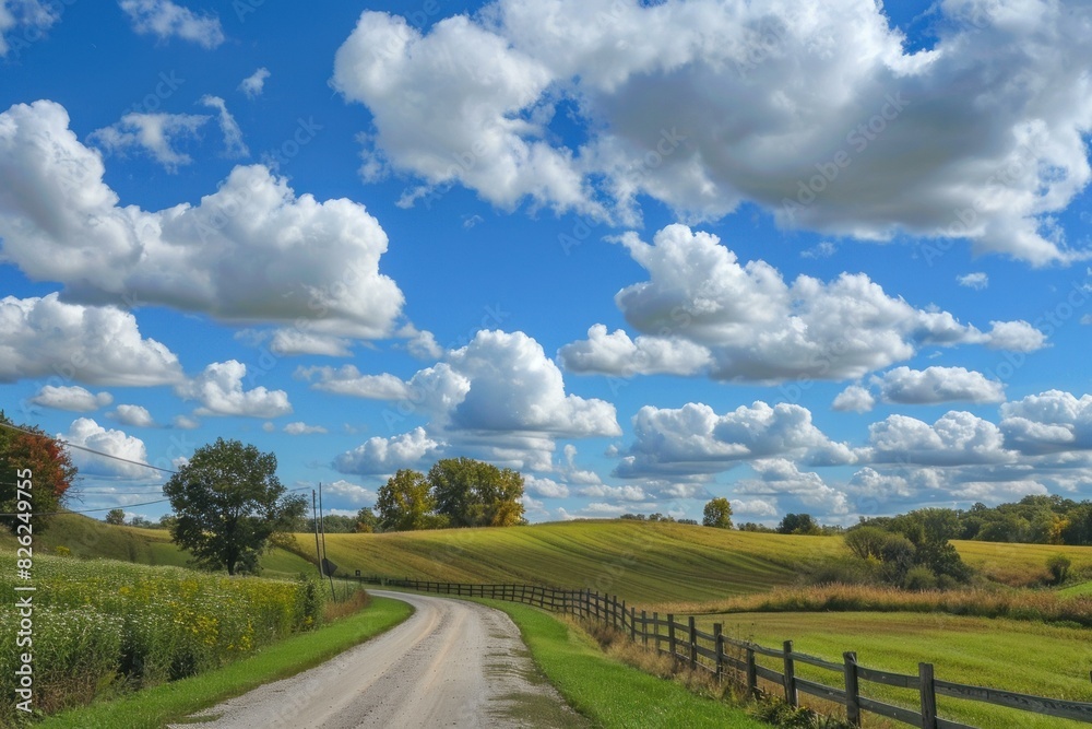 Winding country road bordered by a fence under a vivid blue sky with fluffy clouds Winding country road bordered by a fence under a vivid blue sky with fluffy clouds