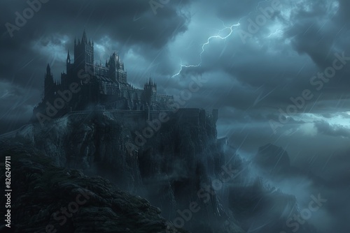 Mysterious Vampire Castle on Cliff in Stormy Night, Emanating Eerie and Imposing Aura with Dramatic Lighting. © Exotic Escape