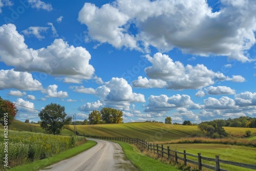 Winding country road bordered by a fence under a vivid blue sky with fluffy clouds