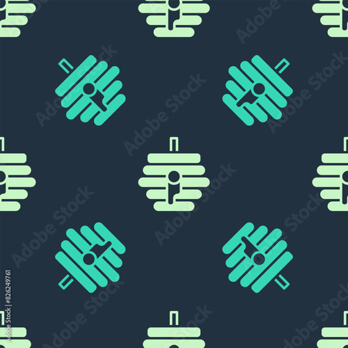 Green and beige Hive for bees icon isolated seamless pattern on blue background. Beehive symbol. Apiary and beekeeping. Sweet natural food. Vector