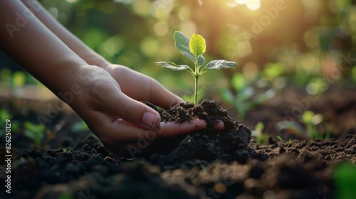 The photo shows a hand planting a small plant in the soil