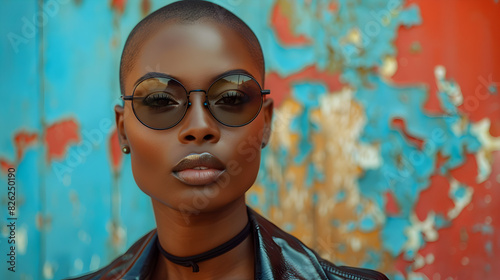 portrait of black woman sunglases with old painted wall background photo