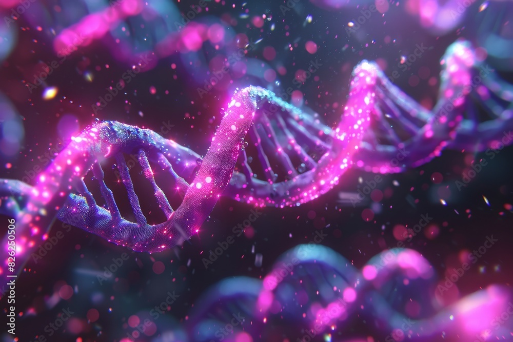 Magenta and blue DNA helix in a sparkling dance of genetic mystery and discovery Magenta and blue DNA helix in a sparkling dance of genetic mystery and discovery