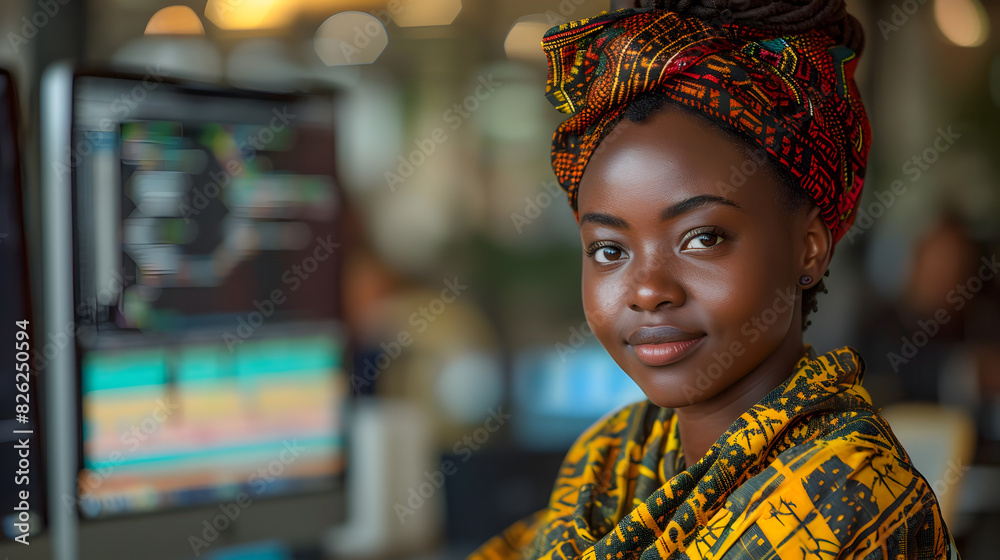 portrait of black woman working on a computer