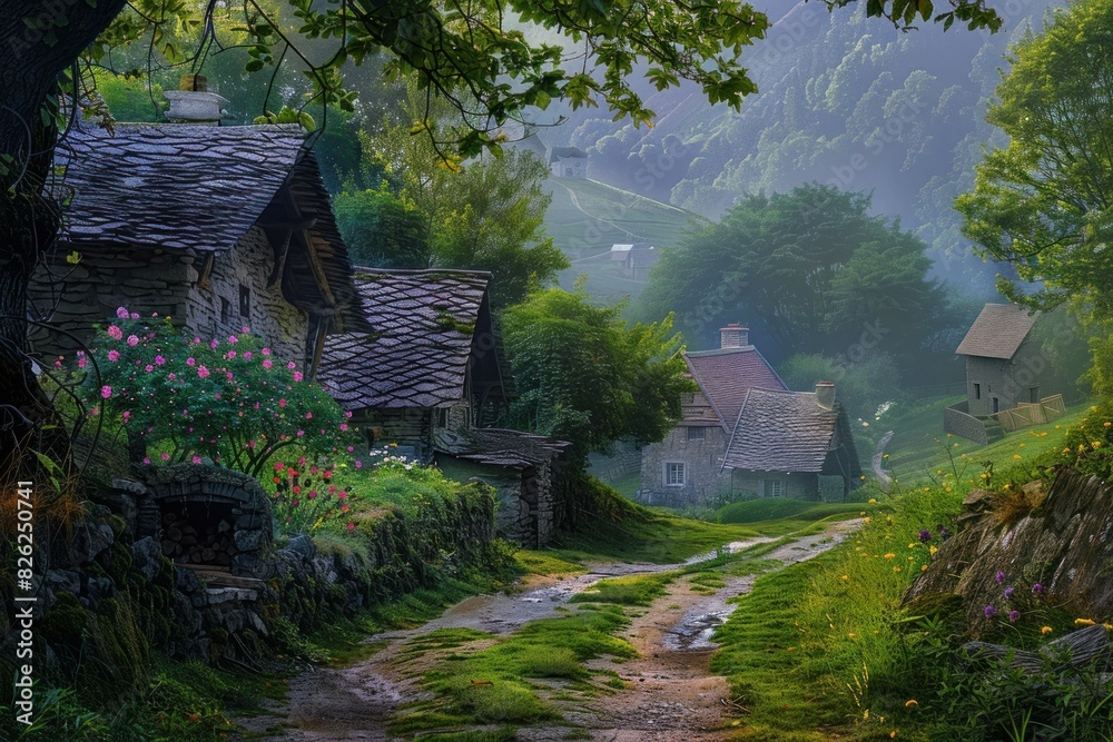 Misty morning view of a charming village path lined with traditional stone houses and vibrant flora