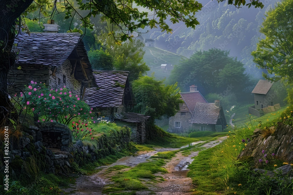 Misty morning view of a charming village path lined with traditional stone houses and vibrant flora Misty morning view of a charming village path lined with traditional stone houses and vibrant flora